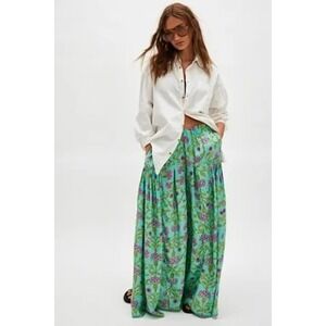 NWT! FREE PEOPLE So Charming Green Floral Pants Pockets Wide Legs Pull-On XS